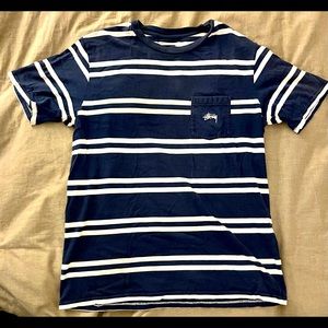 Stussy: Blue & White striped short sleeved T-shirt
